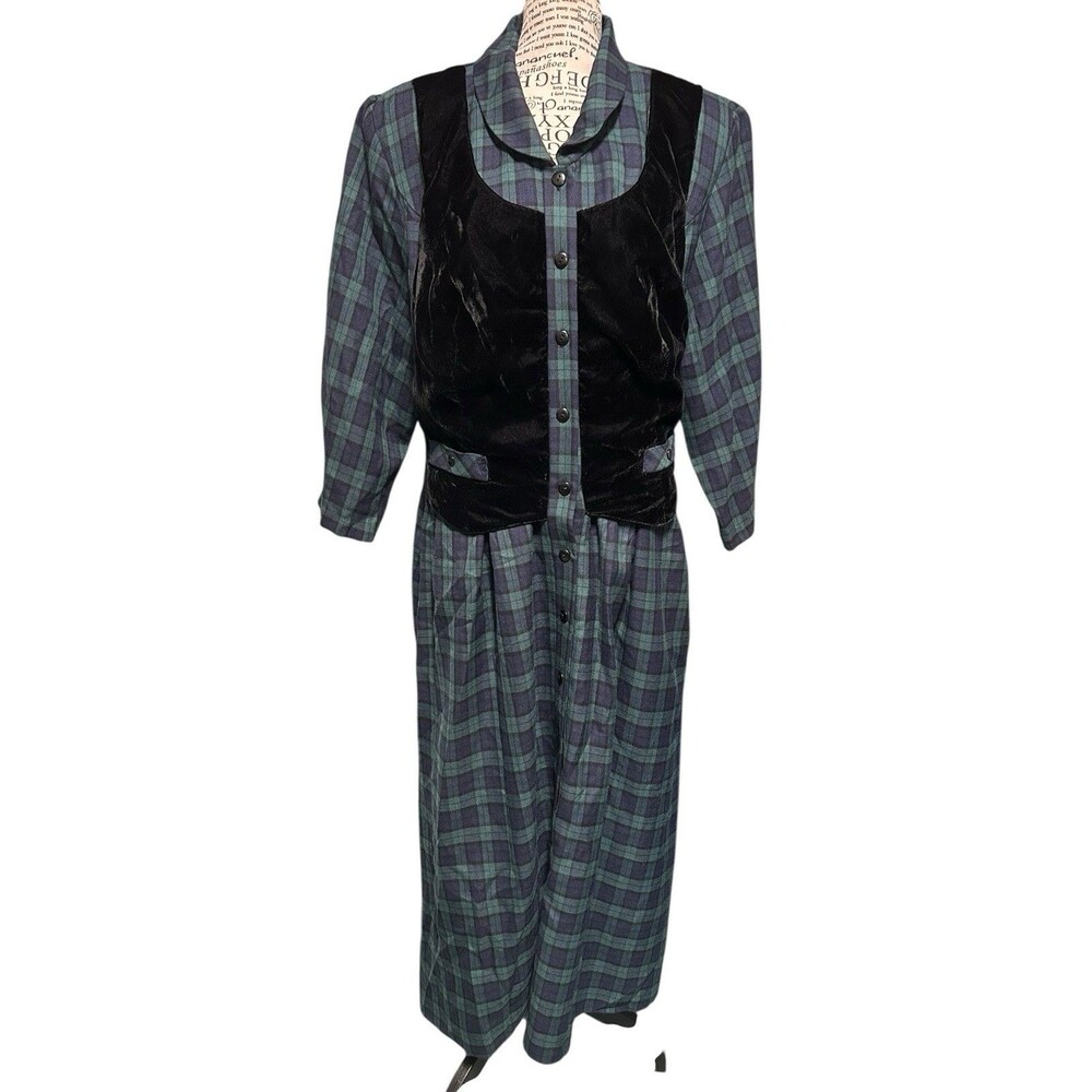 Vintage Prairie Dress Plus 16 Blue Green Plaid  Cottagecore Farm School Country